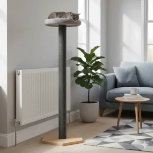 Stylish tall cat scratching post positioned next to a radiator in a contemporary British lounge.