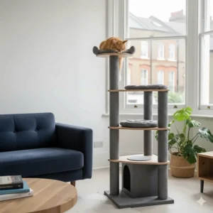 A stylish sisal scratching post standing next to a sofa in a contemporary British lounge.