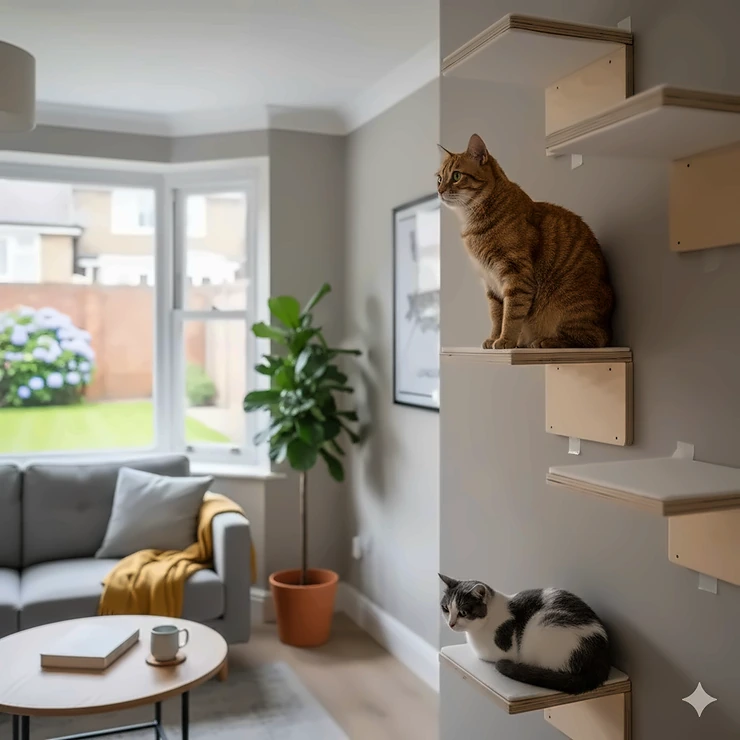 A stylish ginger tabby cat sitting on modern wooden cat shelves installed without drilling on a neutral living room wall in a UK flat. cat shelves no drilling