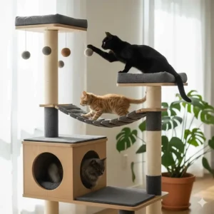 Illustration of a modern cat tree featuring integrated felt toys and a hanging bridge for feline enrichment.