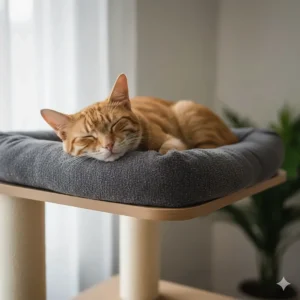 A ginger tabby cat sleeping on the top tier of a modern cat tree with plush, removable charcoal grey cushions.