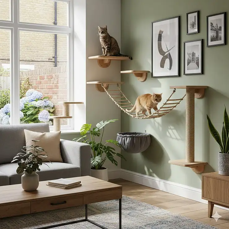 A stylish living room in a UK flat featuring modern cat wall furniture for small spaces, including wooden shelves and a bridge mounted on a neutral wall. cat wall furniture small spaces