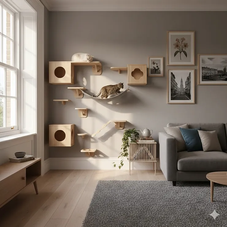 A stylish living room in a UK flat featuring a modular cat wall furniture system with wooden shelves and a bridge, designed to save floor space. cat scratching post