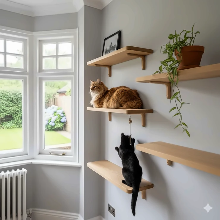 A stylish installation of wooden cat wall shelves arranged on a neutral wall in a modern British living room featuring a traditional white radiator and bay window. cat wall shelves