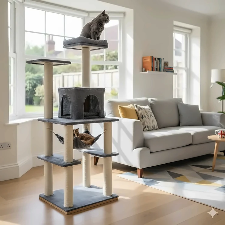 A rider wearing a premium sports touring helmet while riding a motorbike through the British countryside past a traditional red telephone box. floor to ceiling cat tree UK