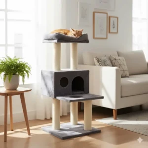 A stylish grey cat tower that offers great value for money and complements British home decor.