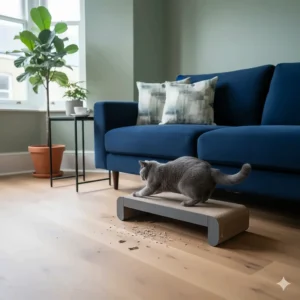 A sleek, grey horizontal cat scratcher positioned next to a navy blue velvet sofa in a modern flat.