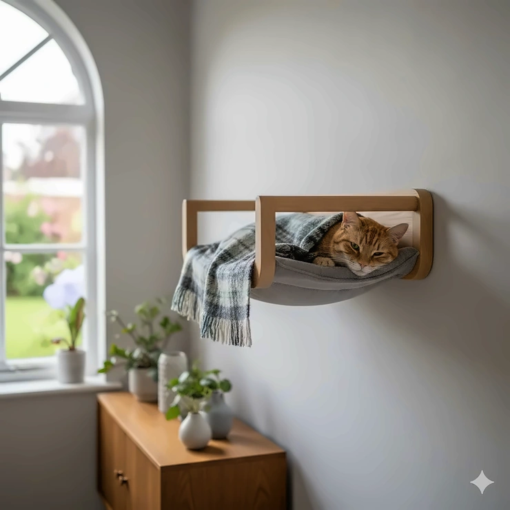 A ginger tabby cat relaxing in a grey fabric wall mounted cat hammock installed in a contemporary British living room. wall mounted cat hammock