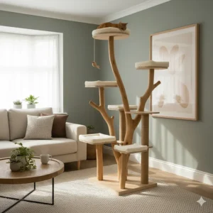 A stylish, minimalist natural wood cat tree that complements contemporary UK home decor.