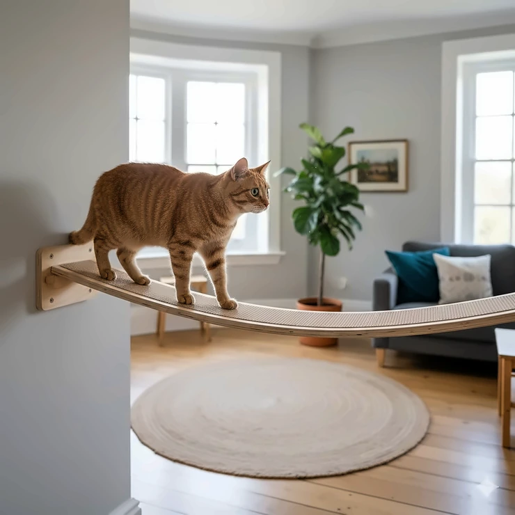 A stylish wooden cat bridge for wall mounting installed in a modern British living room with a ginger tabby crossing it. cat bridge for wall