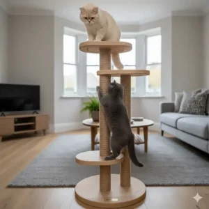Two large British Shorthair cats sharing a multi-level scratching tower with reinforced platforms.