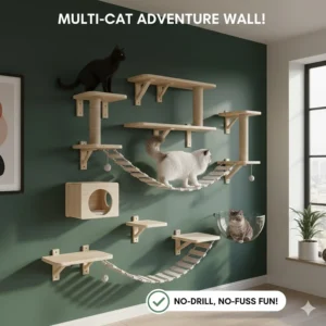 A creative layout of multiple cat climbing shelves and bridges installed on a feature wall without using screws.
