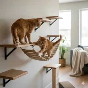Two cats, a ginger tabby and a sleek black cat, interacting on a set of tiered oak-finish cat wall shelves.