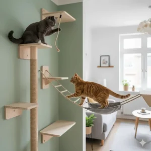A multi-level cat activity wall with various platforms, allowing two cats to play in a small floor area.