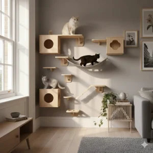 Three cats of different breeds sharing a multi-level wall furniture circuit in a small, modern studio apartment.
