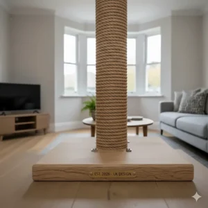 Detailed view of premium natural sisal rope tightly wound around a thick scratching pillar for maximum durability.