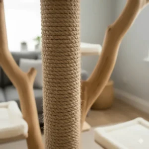 High-quality natural sisal rope wrapped around a solid wood branch for scratching.