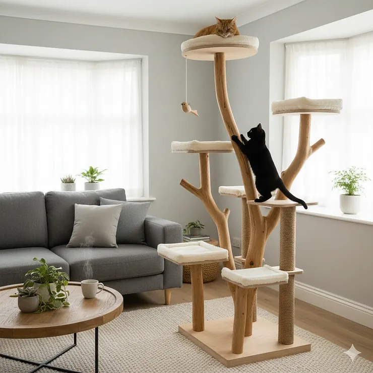 A floor-to-ceiling natural wood cat tree with sisal scratching posts in a modern British living room. natural wood cat tree