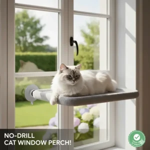 A suction-cup cat window seat attached to a double-glazed window overlooking a green British garden.