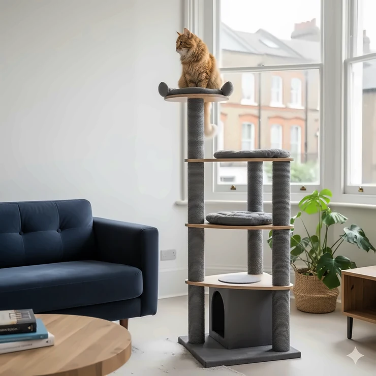 Extra tall cat scratching post made from natural sisal rope in a modern grey finish. sisal scratching post