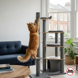 A cat using a sisal post instead of a sofa, helping to protect home upholstery from claw damage.