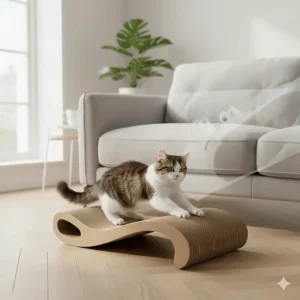 An illustration showing how a cardboard cat scratcher protects a fabric sofa from pet claw damage.