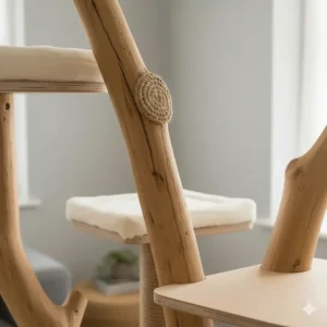 Close-up of the sustainable real wood grain and bark detail on a handcrafted cat tree.