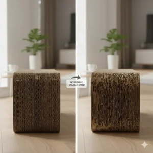 Illustration of a reversible cardboard cat scratcher showing both sides can be used to extend product life.