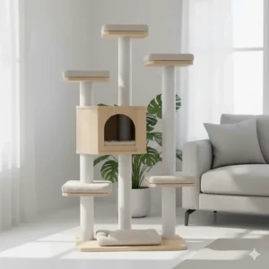 Minimalist Scandi-style modern cat tree with sleek white pillars and beige perches, designed to match modern home decor.
