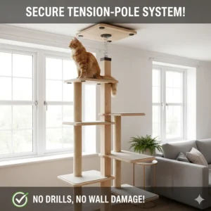 A floor-to-ceiling tension pole cat tree with integrated shelves, a popular no-drill alternative for UK homes.