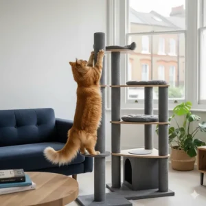 A large Maine Coon cat stretching fully while using a robust sisal scratching post.