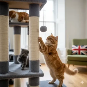Durable sisal rope scratching posts integrated into a large cat tree for multiple cats to use simultaneously.
