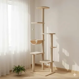 A slim, space-saving modern cat tree suitable for small UK flats and apartments, showing a compact floor-to-ceiling design.