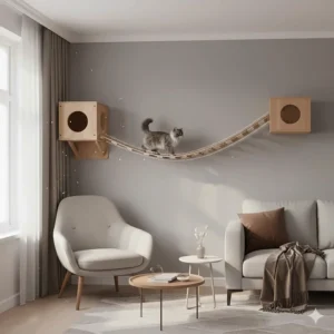 A diagram showing how a wall-mounted cat bridge saves floor space in a compact UK flat or apartment.