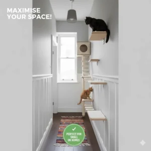 Small-space solution showing vertical cat shelves installed in a narrow British terraced house hallway.