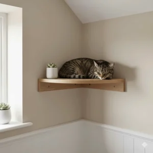 A curved corner cat shelf designed to utilise dead space in a small British cottage or flat.
