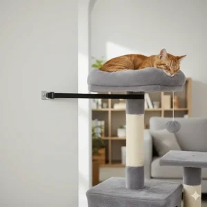 A budget cat climbing frame with an anti-tipping strap for extra stability and safety.