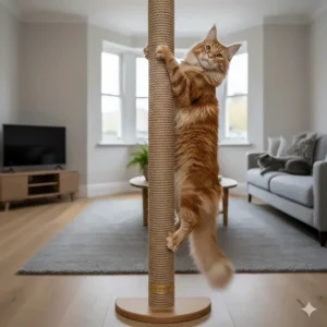 A tall scratching post placed next to a fabric sofa to encourage healthy scratching habits in large cats.
