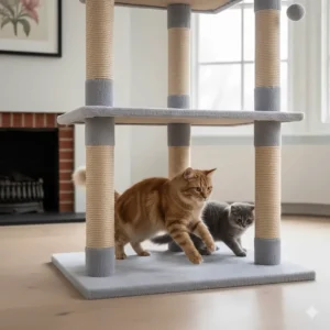 A wide, reinforced base of a cat tree ensuring stability for several large cats playing in a family home.