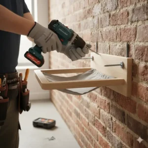Close-up of a sturdy oak wall mounted cat hammock showing the natural wood grain and soft grey fabric cushioning.