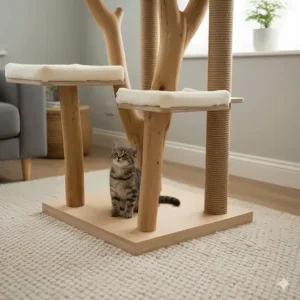 A heavy-duty solid wood base providing stability for a multi-level cat climbing frame.