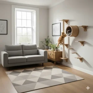 Minimalist cat wall climbing shelves designed to complement modern British home interior decor.
