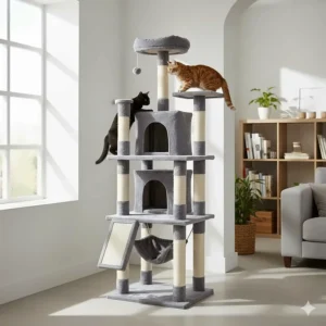 A tall, multi-level cheap cat tree with several platforms for climbing and playing.