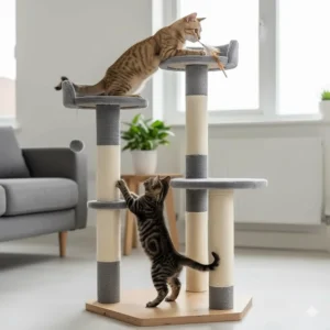 Two tabby cats playing on different levels of a sturdy, tall scratching tower.