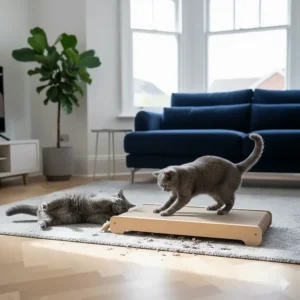 Two British Shorthair cats playing around a wide horizontal scratching mat.