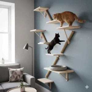 Minimalist vertical cat climbing shelves designed to save floor space in a small British lounge.