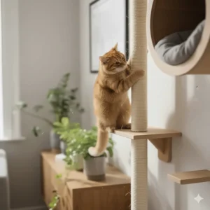 A vertical sisal-wrapped scratching post integrated into a cat wall climbing circuit.