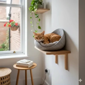 A wall-mounted felt cat nest providing a cosy sleeping spot without cluttering a small room.