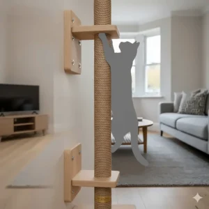 Illustration of a space-saving wall-mounted scratching post designed to handle the weight of larger feline breeds.