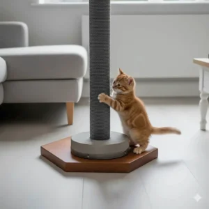 Close-up of a heavy, weighted wooden base ensuring the tall cat scratching post remains stable during play.